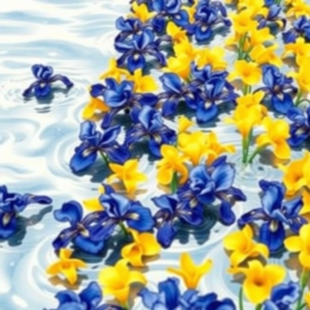 An intricate watercolor painting showcasing a multitude of blue and yellow iris flowers meticulously laid out in a straight row on the surface of serene water