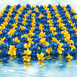 An intricate watercolor painting showcasing a multitude of blue and yellow iris flowers meticulously laid out in a straight row on the surface of serene water