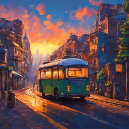 Cyberpunk bus in a Studio Ghibli style city at sunset, depicted as an oil painting. A masterpiece of breathtaking beauty.