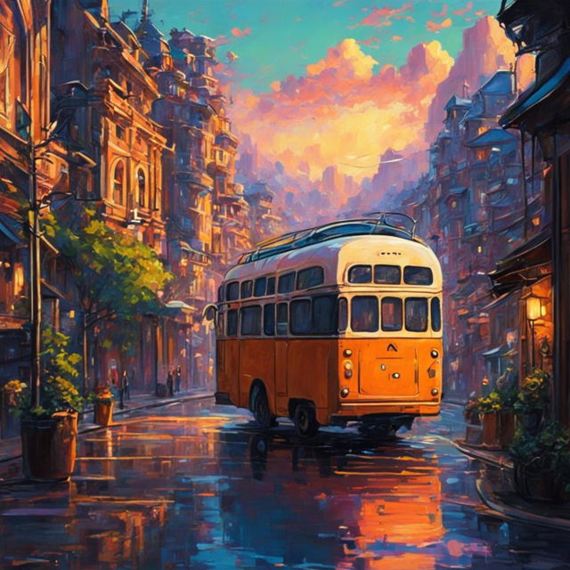 Cyberpunk bus in a Studio Ghibli style city at sunset, depicted as an oil painting. A masterpiece of breathtaking beauty.