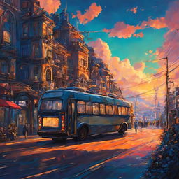 Cyberpunk bus in a Studio Ghibli style city at sunset, depicted as an oil painting. A masterpiece of breathtaking beauty.