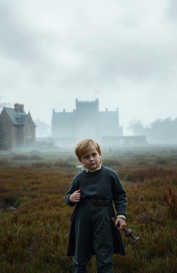A scene depicting the essence of 'Great Expectations' by Charles Dickens, featuring the young orphan Pip standing in the marshes near Satis House, with a misty landscape in the background