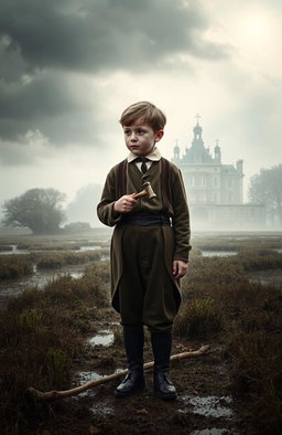 A scene depicting the essence of 'Great Expectations' by Charles Dickens, featuring the young orphan Pip standing in the marshes near Satis House, with a misty landscape in the background