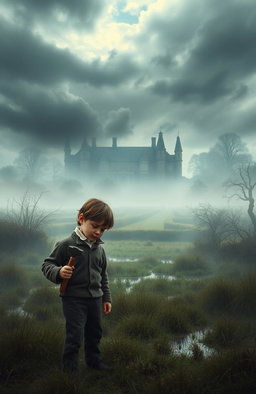 A scene depicting the essence of 'Great Expectations' by Charles Dickens, featuring the young orphan Pip standing in the marshes near Satis House, with a misty landscape in the background