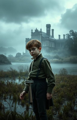 A scene depicting the essence of 'Great Expectations' by Charles Dickens, featuring the young orphan Pip standing in the marshes near Satis House, with a misty landscape in the background