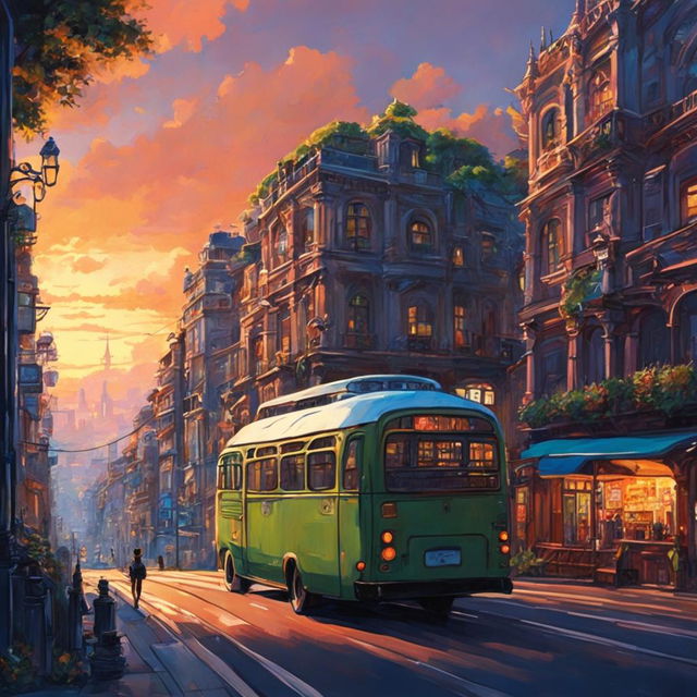 Ultra-cyberpunk bus in a Studio Ghibli style city at sunset, depicted as an oil painting. A breathtaking masterpiece.