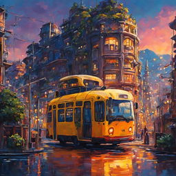 Ultra-cyberpunk bus in a Studio Ghibli style city at sunset, depicted as an oil painting. A breathtaking masterpiece.