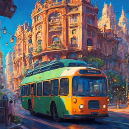 Ultra-cyberpunk bus in a Studio Ghibli style city at sunset, depicted as an oil painting. A breathtaking masterpiece.