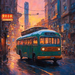 Ultra-cyberpunk bus in a Studio Ghibli style city at sunset, depicted as an oil painting. A breathtaking masterpiece.