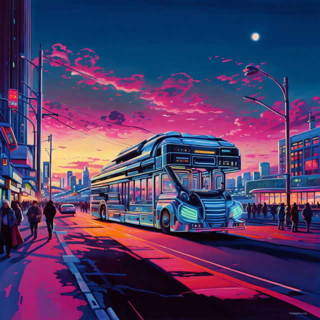 Ultra-cyberpunk bus in a neon-lit future Sapporo city at sunset, depicted as an oil painting. A breathtaking masterpiece.