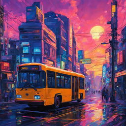 Ultra-cyberpunk bus in a neon-lit, future Sapporo city at sunset, depicted as an oil painting in Studio Ghibli style