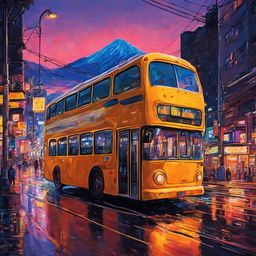 Ultra-cyberpunk bus in a neon-lit, future Sapporo city at sunset, depicted as an oil painting in Studio Ghibli style