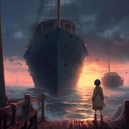 Continue the image in a Makoto Shinkai aesthetic. Capture a heart-wrenching scene where the figure realizes the captain's lifelessness alongside a victorious ship safely anchored, its harrowing journey over, having achieved its object.