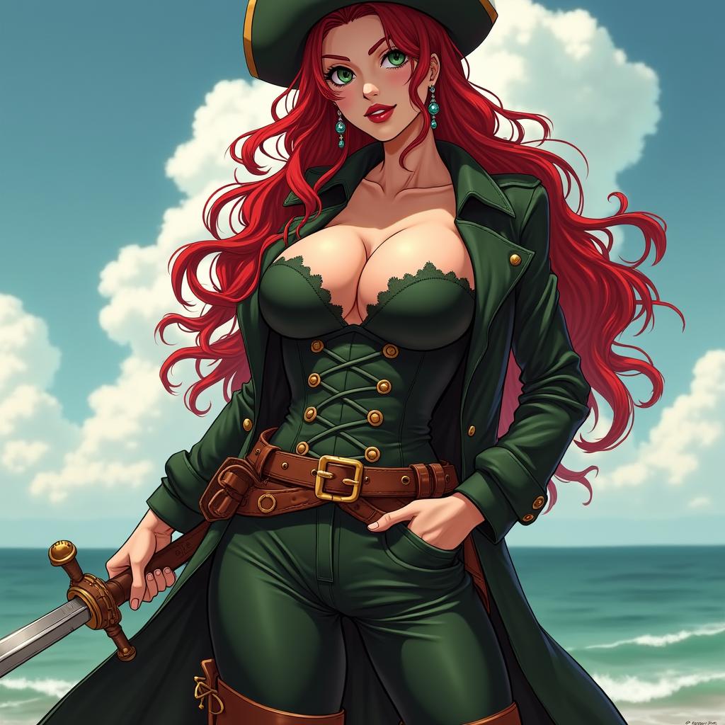 A striking female character in a One Piece-inspired style, featuring waist-length super wavy red hair cascading down her back