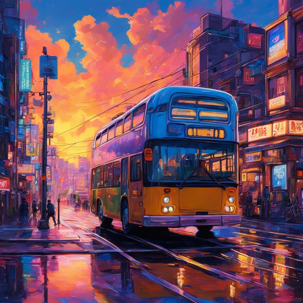 Ultra-cyberpunk bus in a neon-lit, future Sapporo city at sunset, depicted as an oil painting in Studio Ghibli style