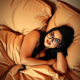 A beautiful white woman with long black hair and stylish glasses, lying comfortably on a cozy bed