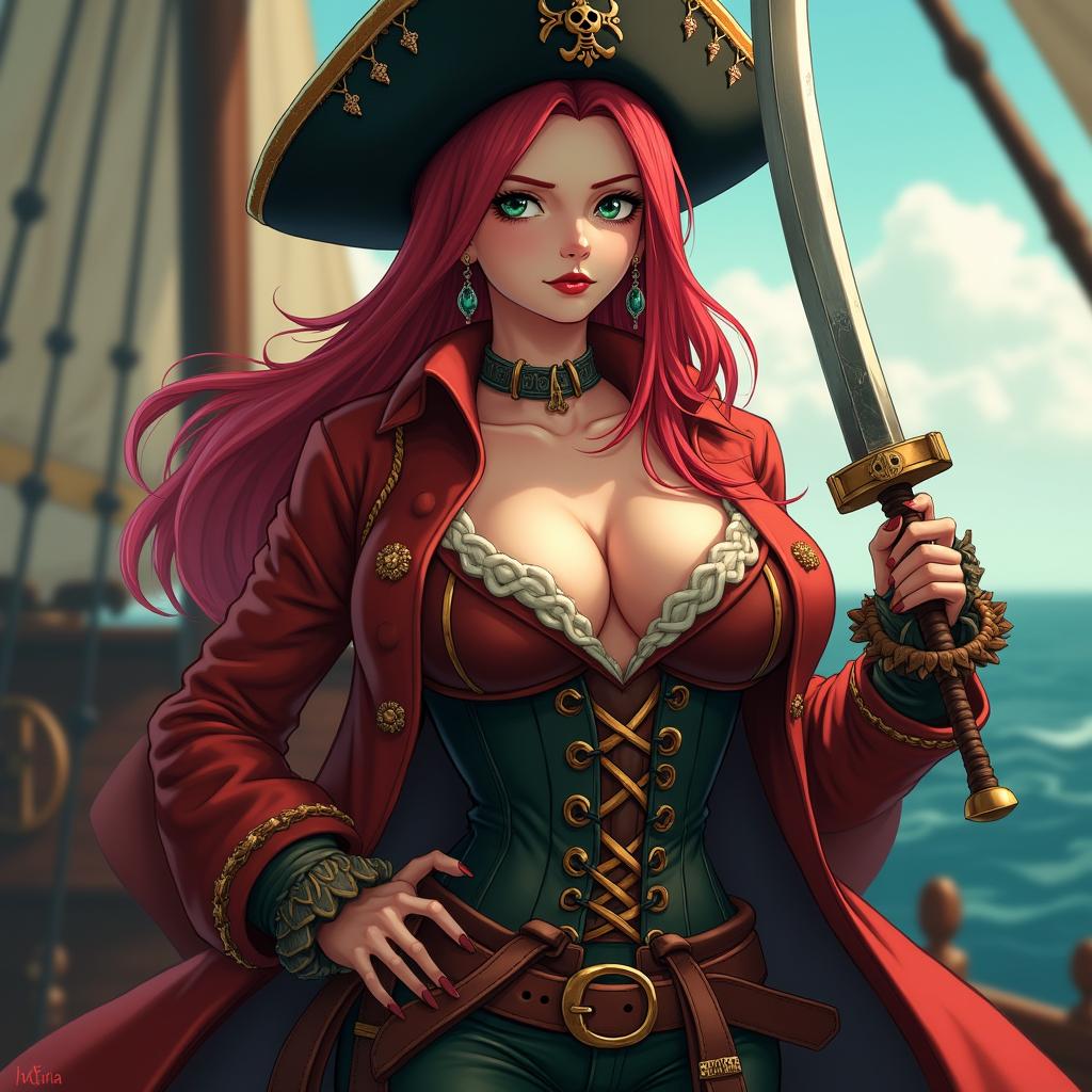 A captivating feminine character in a One Piece-inspired setting, featuring super straight red hair that reaches waist length