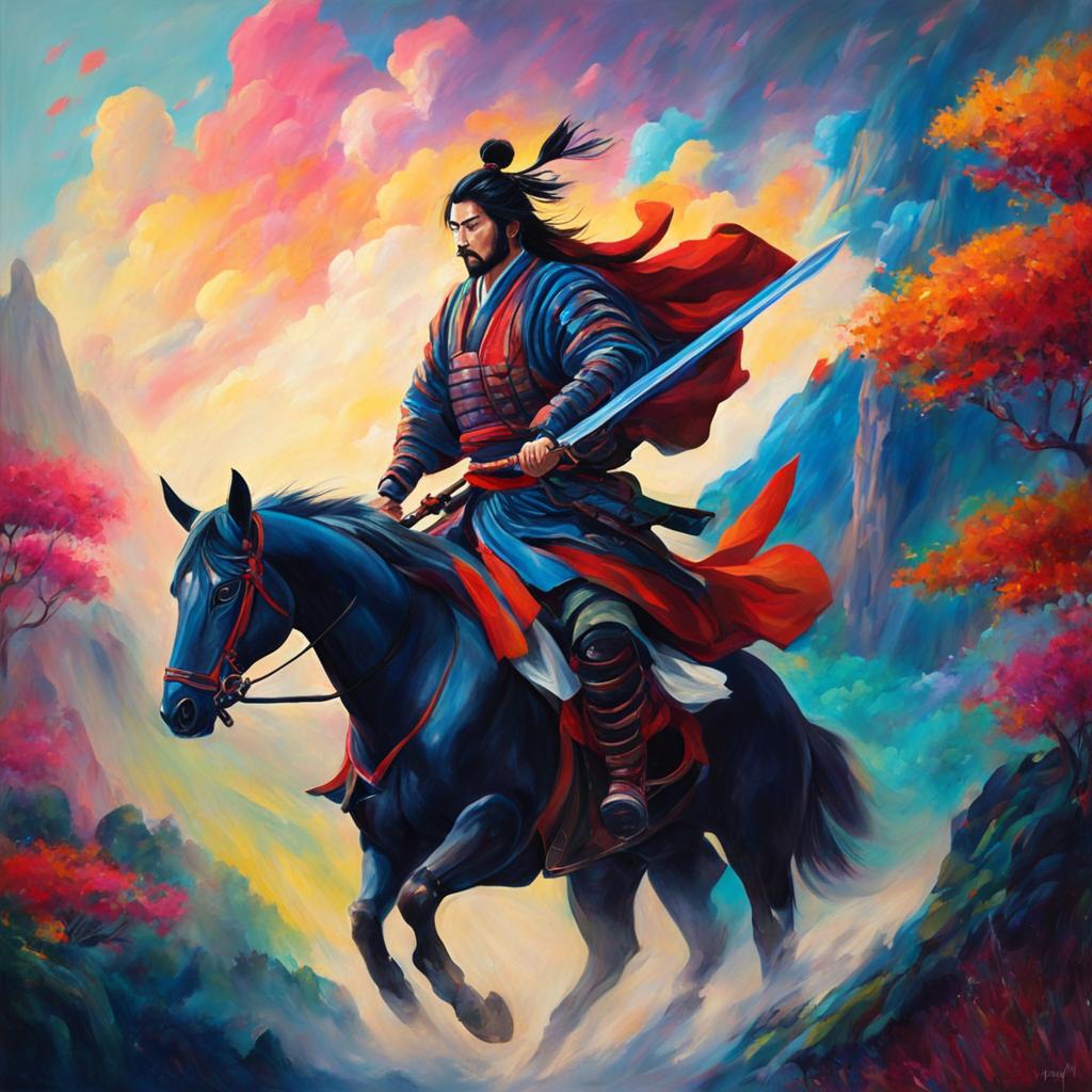 Studio Ghibli style oil painting of a samurai entering a vibrant and ethereal realm of gods.