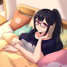 An anime-style woman with long black hair styled in a sleek ponytail, wearing fashionable glasses