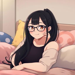 An anime-style woman with long black hair styled in a sleek ponytail, wearing fashionable glasses