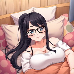 An anime-style woman with long black hair styled in a sleek ponytail, wearing fashionable glasses