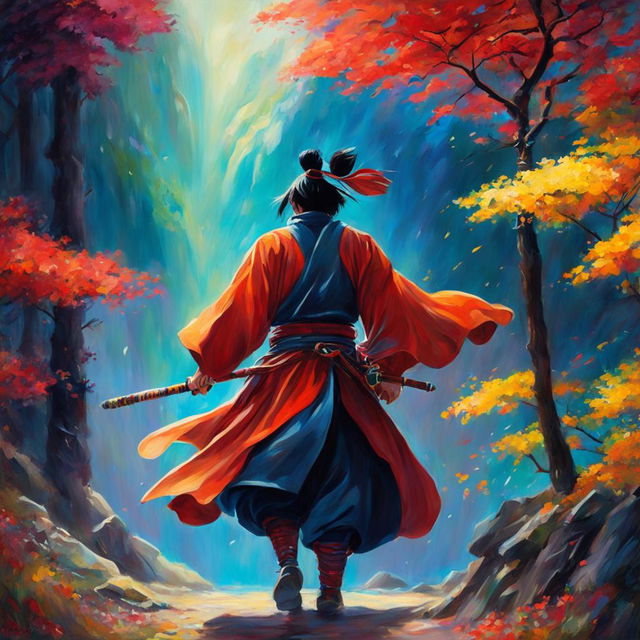 Studio Ghibli style oil painting of a samurai entering a vibrant and ethereal realm of gods.