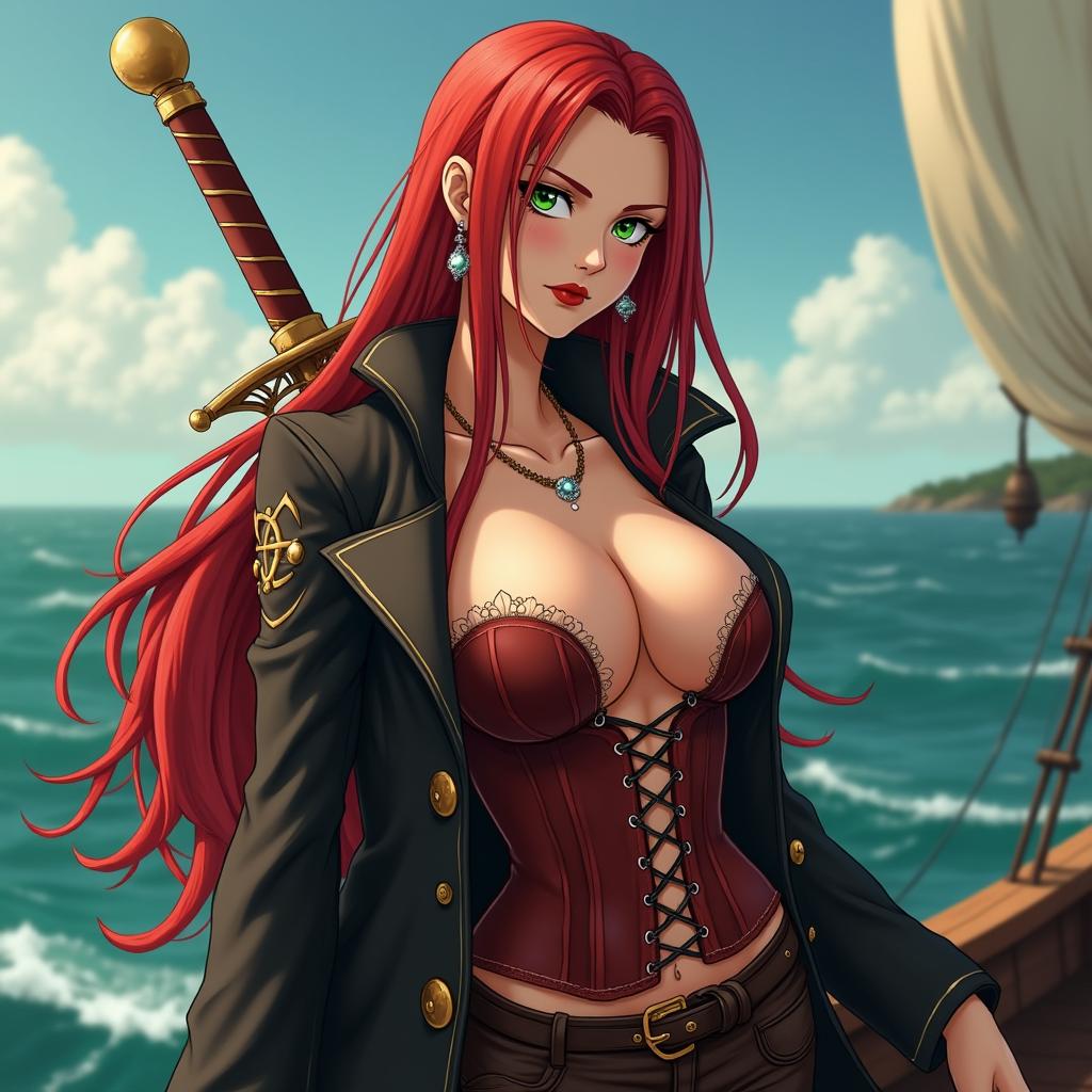 A stunning feminine character in a One Piece-inspired scene, showcasing super straight red hair that flows down to her waist