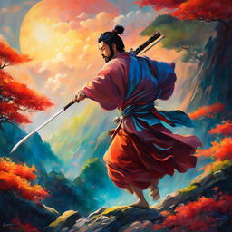 Studio Ghibli style oil painting of a samurai entering a vibrant and ethereal realm of gods.