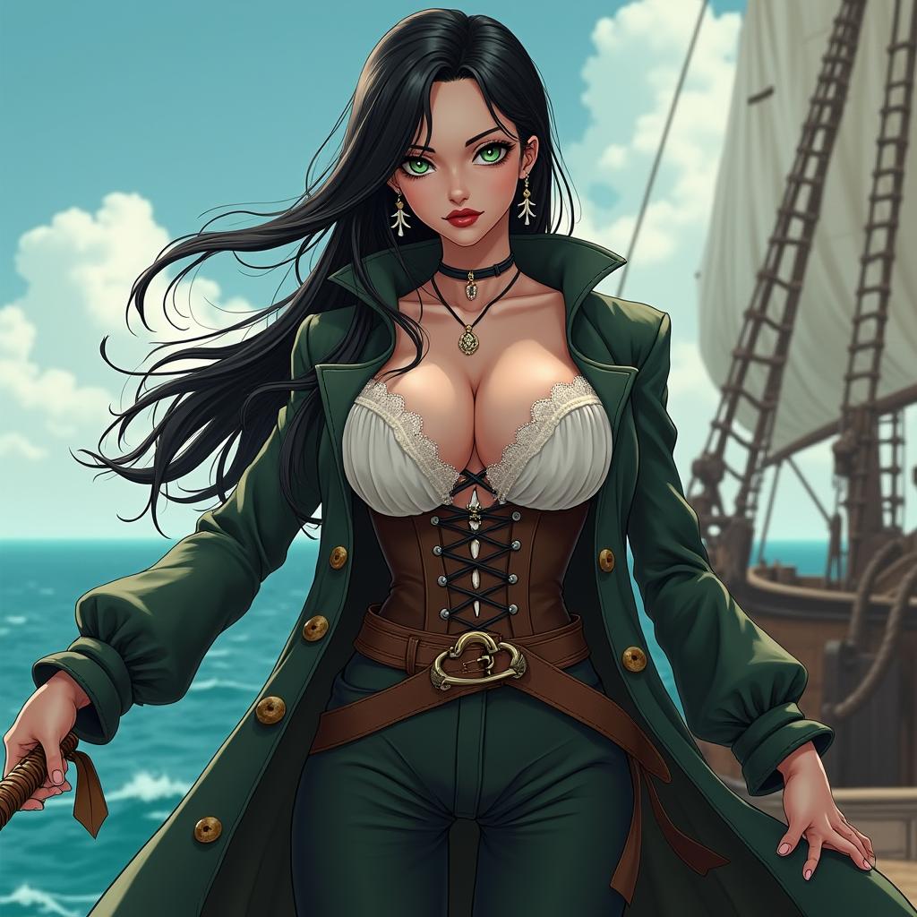 A stunning feminine character in a One Piece-inspired design, featuring super straight black hair that flows elegantly down to her waist