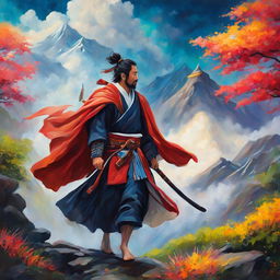 Studio Ghibli style oil painting of a samurai entering a vibrant and ethereal realm of gods.