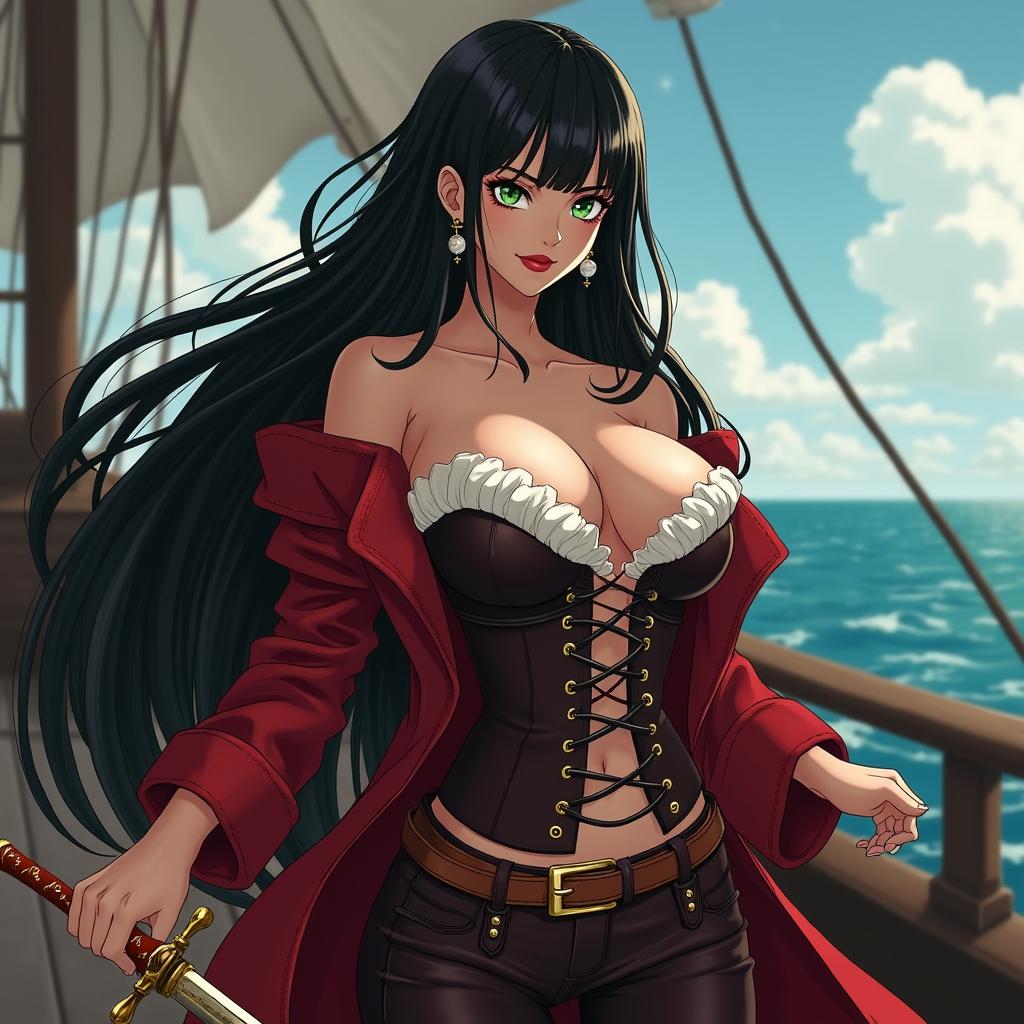 A stunning feminine character in a One Piece-inspired environment, showcasing super straight black hair that flows to her waist