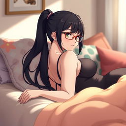 An anime-style woman with long black hair styled in a ponytail, wearing stylish glasses