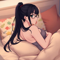 An anime-style woman with long black hair styled in a ponytail, wearing stylish glasses