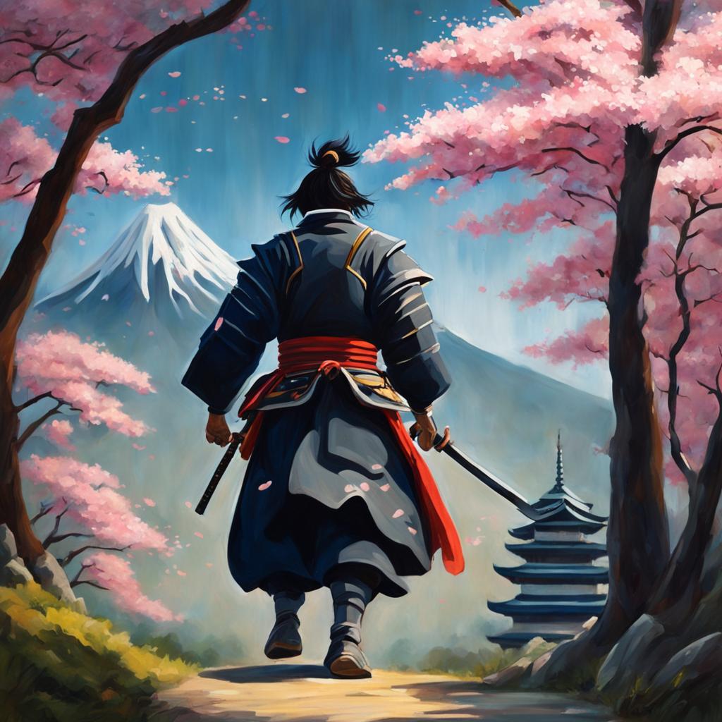 Studio Ghibli style oil painting of a samurai entering a divine realm, with a distant temple and sakura trees.