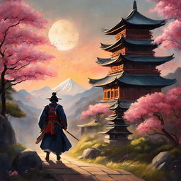 Studio Ghibli style oil painting of a samurai entering a divine realm, with a distant temple and sakura trees.