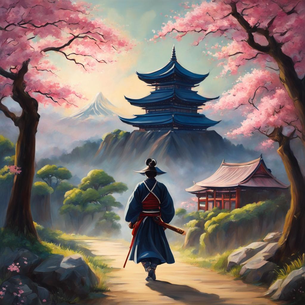 Studio Ghibli style oil painting of a samurai entering a divine realm, with a distant temple and sakura trees.