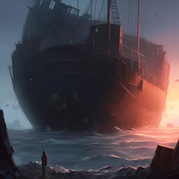 Continue the image in a Makoto Shinkai aesthetic. Capture a heart-wrenching scene where the figure realizes the captain's lifelessness alongside a victorious ship safely anchored, its harrowing journey over, having achieved its object.