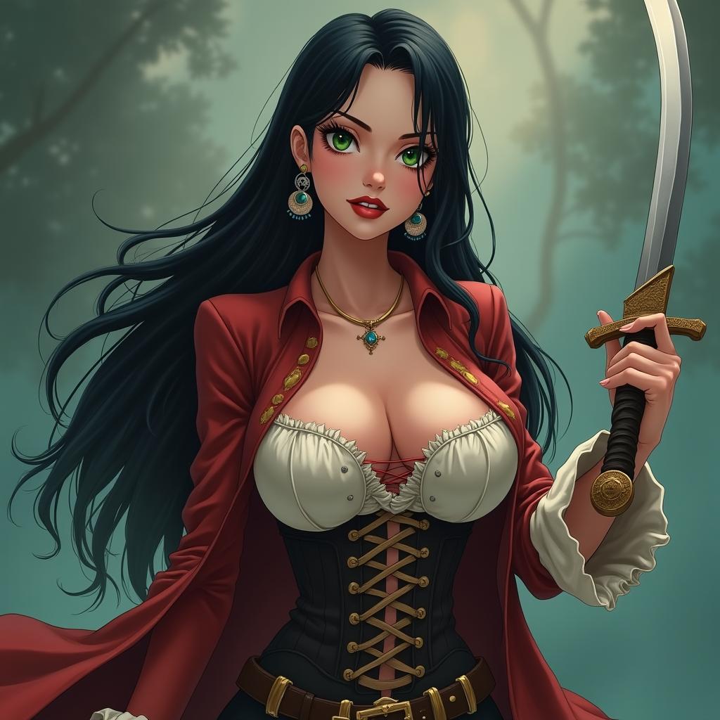 A stunning feminine character inspired by One Piece, featuring super straight black hair that cascades down to her waist