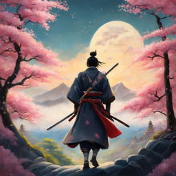 Studio Ghibli style oil painting of a samurai entering a divine realm, with a distant temple and sakura trees.