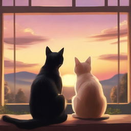 Two cats gazing at a stunning sunset in realistic style, providing a serene and cosy atmosphere.