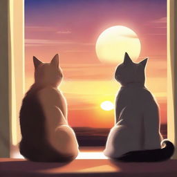 Two cats gazing at a stunning sunset in realistic style, providing a serene and cosy atmosphere.