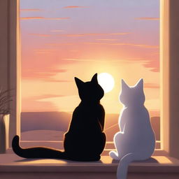 Two cats gazing at a stunning sunset in realistic style, providing a serene and cosy atmosphere.