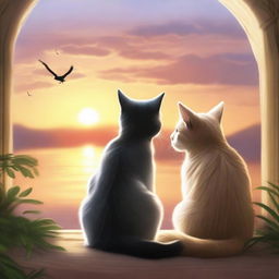 Two cats gazing at a stunning sunset in realistic style, providing a serene and cosy atmosphere.