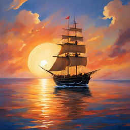 A Studio Ghibli style oil painting of a ship sailing on a beautiful sea at sunset.