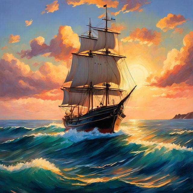 A Studio Ghibli style oil painting of a ship sailing on a beautiful sea at sunset.