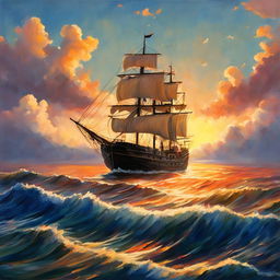 A Studio Ghibli style oil painting of a ship sailing on a beautiful sea at sunset.