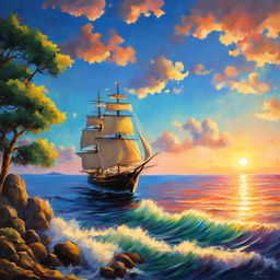 A Studio Ghibli style oil painting of a ship sailing on a beautiful sea at sunset.