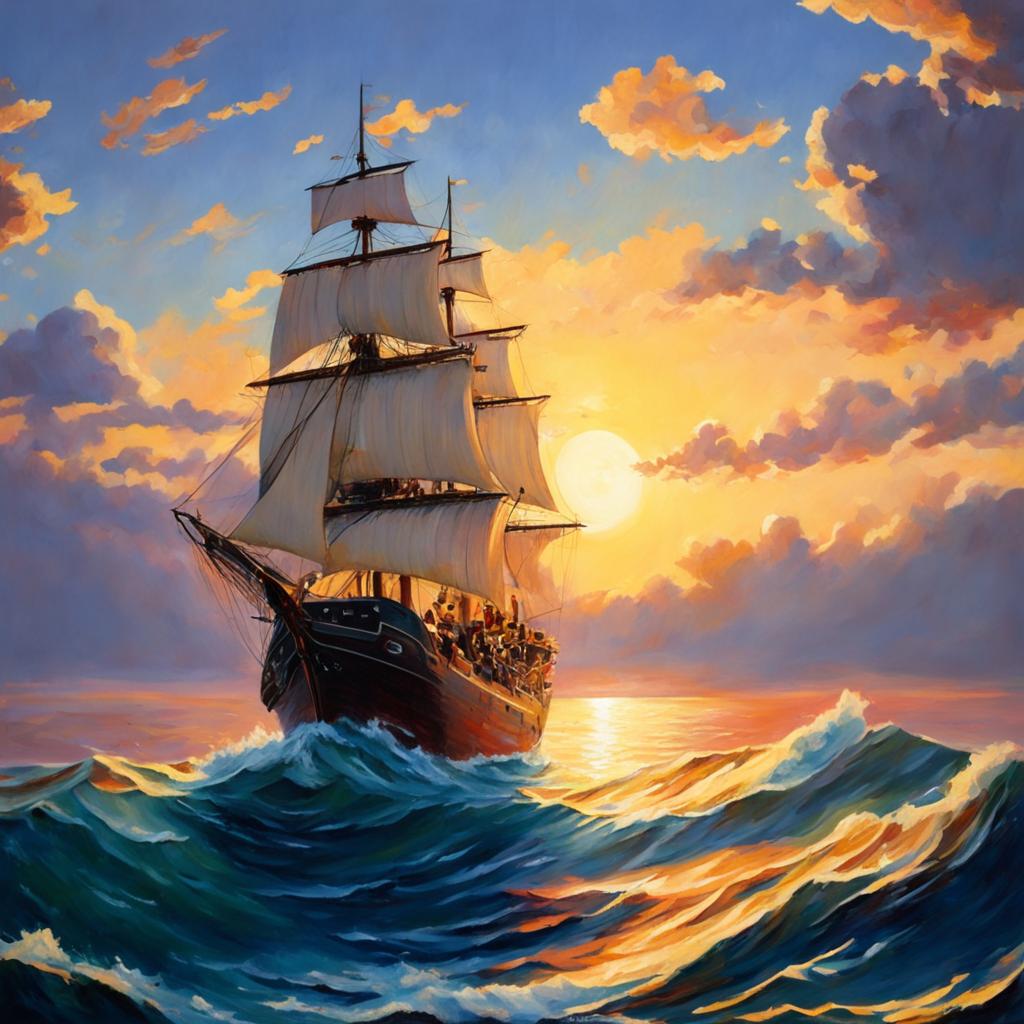 A Studio Ghibli style oil painting of a ship sailing on an even more beautiful sea at sunset.