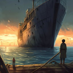 Continue the image in a Makoto Shinkai aesthetic. Capture a heart-wrenching scene where the figure realizes the captain's lifelessness alongside a victorious ship safely anchored, its harrowing journey over, having achieved its object.