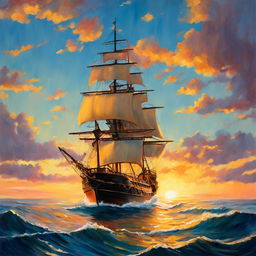 A Studio Ghibli style oil painting of a ship sailing on an even more beautiful sea at sunset.